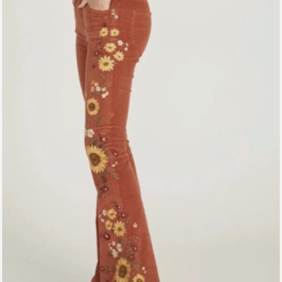 Free People Driftwood Falling Sunflower Farrah Embroidered Cord Flare Jeans - Picture 4 of 10